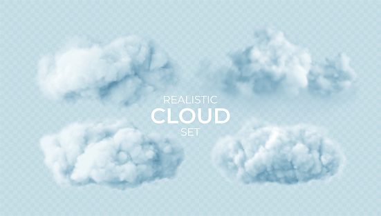 Realistic white fluffy clouds set isolated on transparent background. Cloud sky background for your design. Vector illustration EPS10