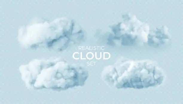 Vector illustration of Realistic white fluffy clouds set isolated on transparent background. Cloud sky background for your design. Vector illustration