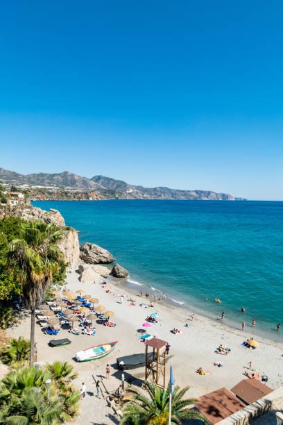 the beaches and coastline of nerja - nerja imagens e fotografias de stock