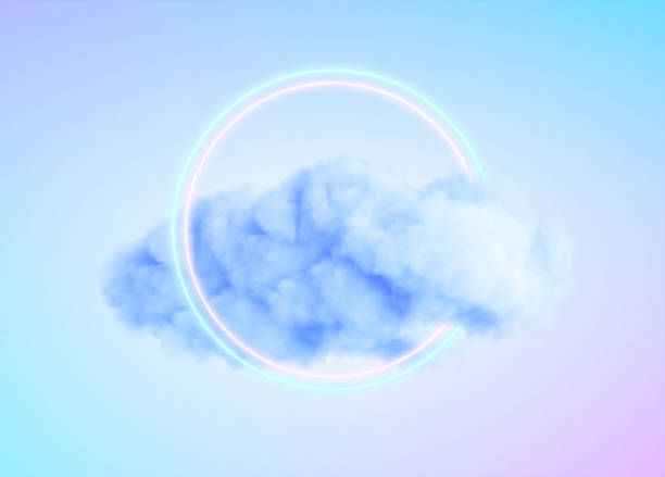 illustrazioni stock, clip art, cartoni animati e icone di tendenza di forma a cerchio al neon incandescente in una nuvola di nebbia. moderno background di design concettuale 3d di tendenza. colori rosa blu viola. illustrazione vettoriale - sea cloud cloudscape sky
