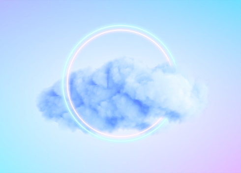 Glowing Neon Circle Shape in a Cloud of Fog. Modern trending 3d conceptual design background. Violet blue pink colors. Vector illustration EPS10