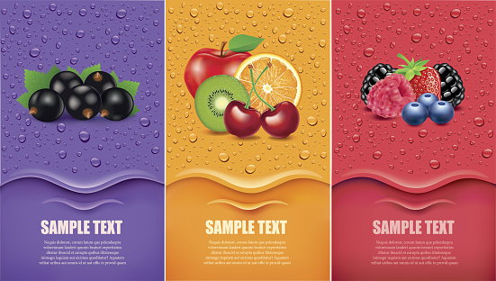 Banners with forest fruit, multivitamin, black currant and many juice drops