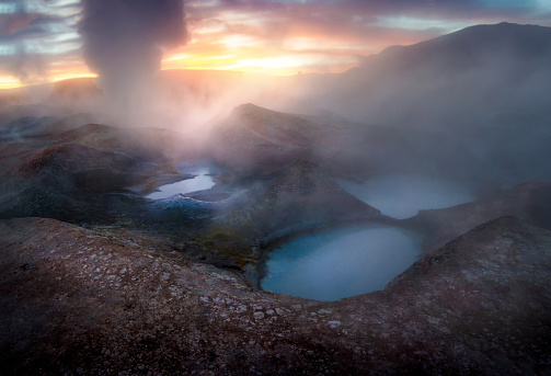 Sol de la Manana volcanic Geyser in Potosi Department of south-western Bolivia between 4800 m and 5000m in altitude. This area is characterized by intense volcanic activity and the sulphur springs field is full of mud lakes and steam pools with boiling mud