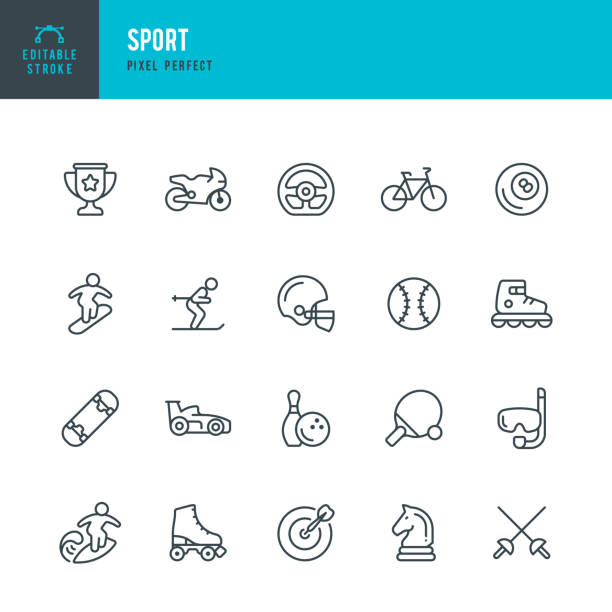 ilustrações, clipart, desenhos animados e ícones de sport - conjunto de ícones vetoriais de linha fina. pixel perfeito. golpe editável. o conjunto contém ícones: sport, motorsport, chess, snorkeling, snowboarding, surfing, skating, roller skateing. - no rollerblading