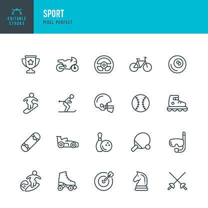SPORT - thin line vector icon set. 20 linear icon. Pixel perfect. Editable outline stroke. The set contains icons: Sport, American Football, Motorsport, Chess, Snorkeling, Snowboarding, Surfing, Skating, Roller Skating.