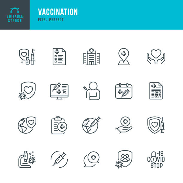 VACCINATION - thin line vector icon set. Pixel perfect. Editable stroke. The set contains icons: Stop COVID-19, Vaccination, Collective Immunity, Medical Research, Vaccination Certificate. VACCINATION - thin line vector icon set. 20 linear icon. Pixel perfect. Editable outline stroke. The set contains icons: Stop COVID-19, Vaccination, Collective Immunity, Medical Research, Vaccination Certificate. medical research stock illustrations