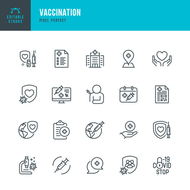 VACCINATION - thin line vector icon set. Pixel perfect. Editable stroke. The set contains icons: Stop COVID-19, Vaccination, Collective Immunity, Medical Research, Vaccination Certificate. VACCINATION - thin line vector icon set. 20 linear icon. Pixel perfect. Editable outline stroke. The set contains icons: Stop COVID-19, Vaccination, Collective Immunity, Medical Research, Vaccination Certificate. health technology stock illustrations