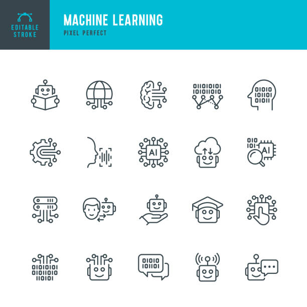 machine learning - tenká vektorová ikona set. pixel perfektní. upravitelný tah. sada obsahuje ikony: umělá inteligence, robot, počítačový jazyk, big data, digitální profil, výzkum umělé inteligence, neuronová síť. - umělá inteligence stock ilustrace