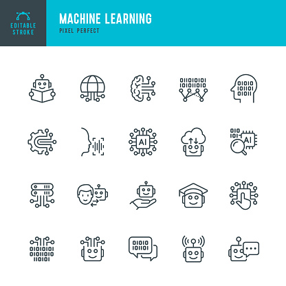 Machine Learning - thin line vector icon set. 20 linear icon. Pixel perfect. Editable outline stroke. The set contains icons: Artificial Intelligence, Robot, Computer Language, Computer Chip, Big Data, Digital Profile, AI Research, Chatbot, Neural Network.