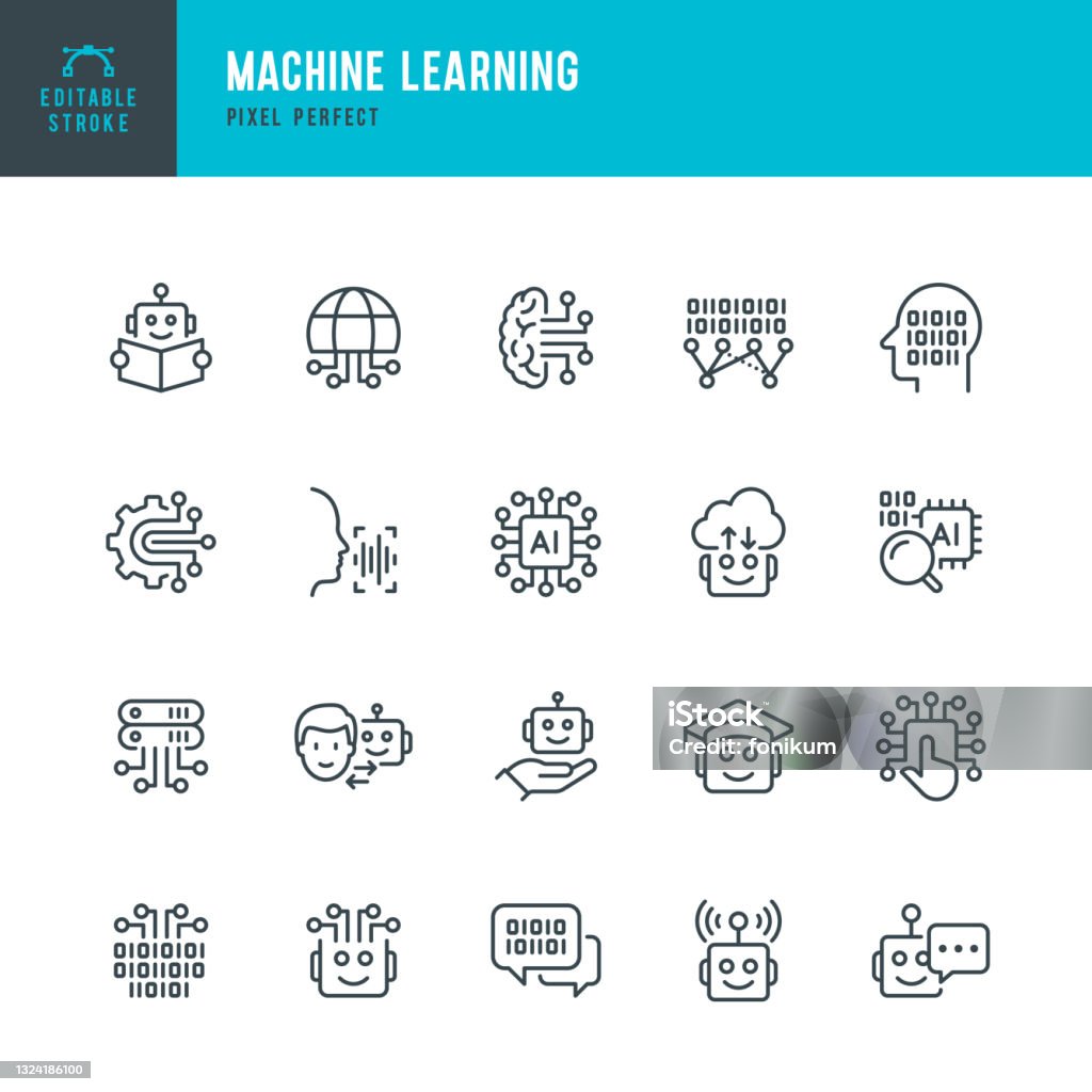 Machine Learning - thin line vector icon set. Pixel perfect. Editable stroke. The set contains icons: Artificial Intelligence, Robot, Computer Language, Big Data, Digital Profile, AI Research, Neural Network. Machine Learning - thin line vector icon set. 20 linear icon. Pixel perfect. Editable outline stroke. The set contains icons: Artificial Intelligence, Robot, Computer Language, Computer Chip, Big Data, Digital Profile, AI Research, Chatbot, Neural Network. Icon stock vector