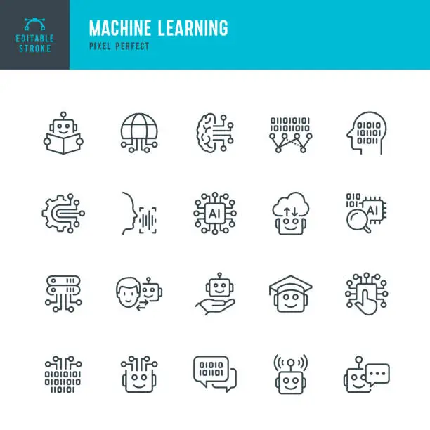 Vector illustration of Machine Learning - thin line vector icon set. Pixel perfect. Editable stroke. The set contains icons: Artificial Intelligence, Robot, Computer Language, Big Data, Digital Profile, AI Research, Neural Network.