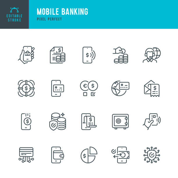 mobile banking - set ikon vektor garis tipis. piksel sempurna. stroke yang bisa diedit. set berisi ikon: perbankan, ponsel, dompet digital, pembayaran nirsentang, pembayaran seluler, tagihan keuangan, kotak deposit, dukungan. - investment advisor software ilustrasi stok
