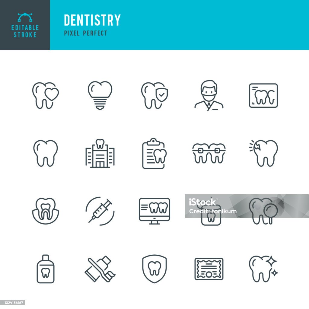 DENTISTRY - thin line vector icon set. Pixel perfect. Editable stroke. The set contains icons: Dentist, Teeth, Dental Health, Dentist's Office, Dental Implant, Dental Braces. - Royalty-free Simge Vector Art