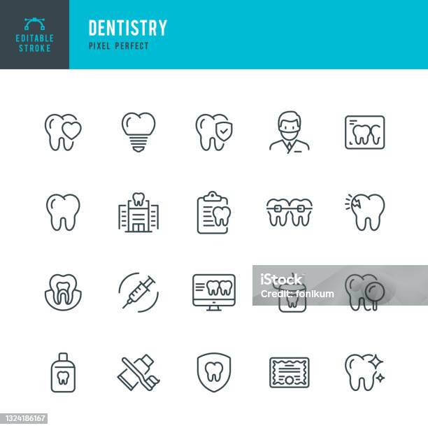 Dentistry Thin Line Vector Icon Set Pixel Perfect Editable Stroke The Set Contains Icons Dentist Teeth Dental Health Dentists Office Dental Implant Dental Braces Stok Vektör Sanatı & Simge‘nin Daha Fazla Görseli