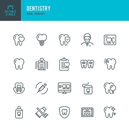 DENTISTRY - thin line vector icon set. 20 linear icon. Pixel perfect. Editable outline stroke. The set contains icons: Dentist, Teeth, Dental Health, Dentist's Office, Dental Implant, Dental Braces.