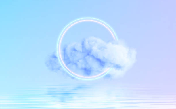 istock Neon Circle shape in a cloud of fog reflecting in the water. Modern trending 3d conceptual design background. Violet blue pink colors. Vector illustration 1324186238