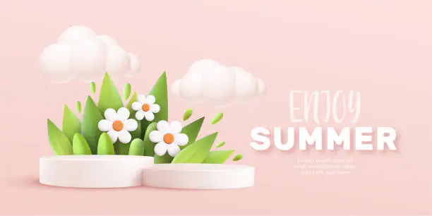 Vector illustration of Enjoy Summer 3d realistic background with clouds, daisies, grass, leaves and product podium on a pink background. Vector illustration