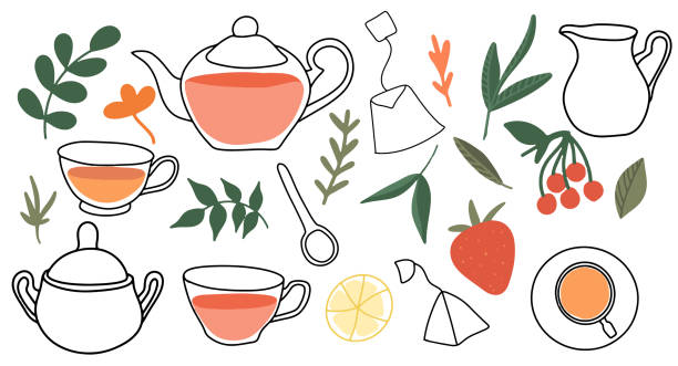 ilustrações de stock, clip art, desenhos animados e ícones de afternoon tea party, a collection of elements of the tea ceremony, a bag, a sugar bowl, a milk jug, a spoon, a cup and many berries and sprigs, fruit supplements, herbal drink in a mug - tea afternoon tea tea party cup