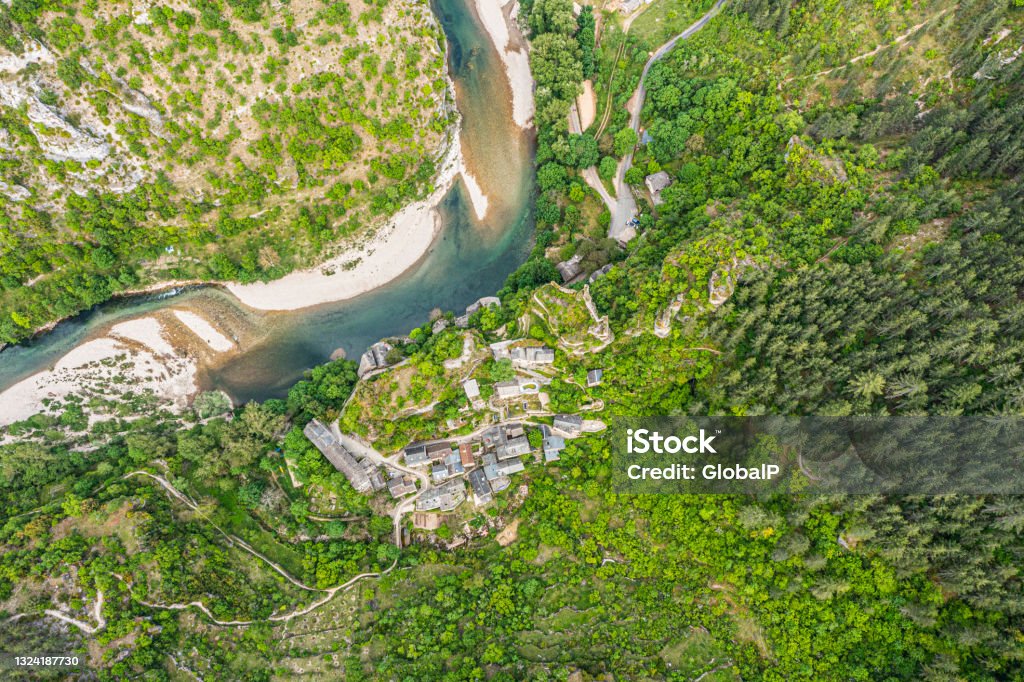 Small french village of Castelbouc in the Gorges du Tarn in France Aerial View Stock Photo