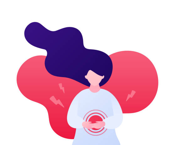 illustrations, cliparts, dessins animés et icônes de concept de règles féminines douloureuses. illustration vectorielle de caractères plats. femme avec les mains sur le ventre souffrant de douleurs abdominales menstruelles isolées sur fond blanc. conception pour les soins de santé. - belly ache