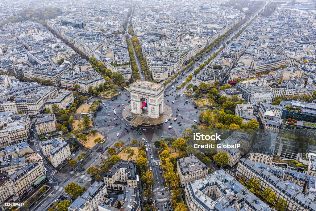 Arc de Triomphe from the sky, Paris Paris - France Stock Photo