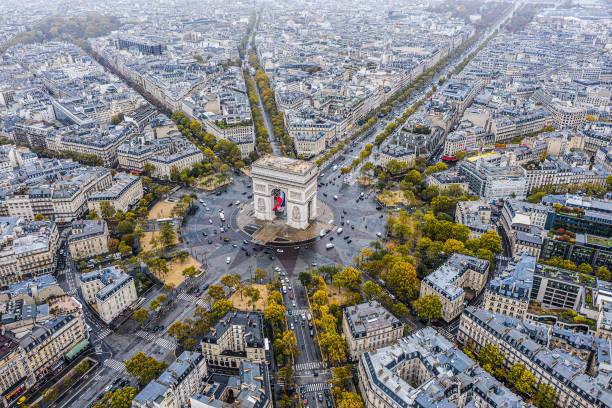 Arc de Triomphe from the sky, Paris Arc de Triomphe from the sky, Paris Paris Right Bank stock pictures, royalty-free photos & images