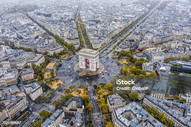 Arc De Triomphe From The Sky Paris Stock Photo - Download Image Now - Paris - France, Arc de Triomphe - Paris, Aerial View