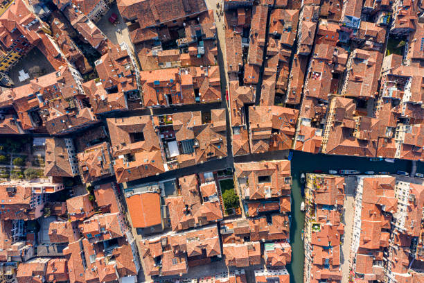 top view of the old venitian roofs, venice, italy - venitian imagens e fotografias de stock