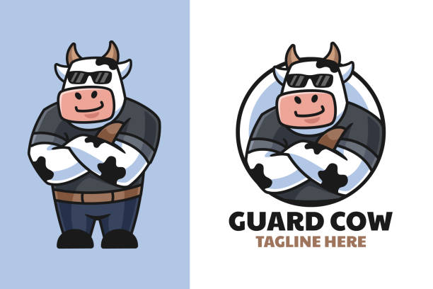 Bodyguard Cow Cartoon character Strong Agent Bodyguard Cow Cartoon wear black sunglasses emblem Design animal macho stock illustrations