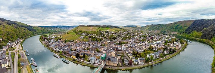 180 degree aerial Panorama view on Traben-Trarbach. Beautiful historical town on the loop of romantic Moselle, Mosel  river. Rhineland-Palatinate, Germany, between Trier and Koblenz