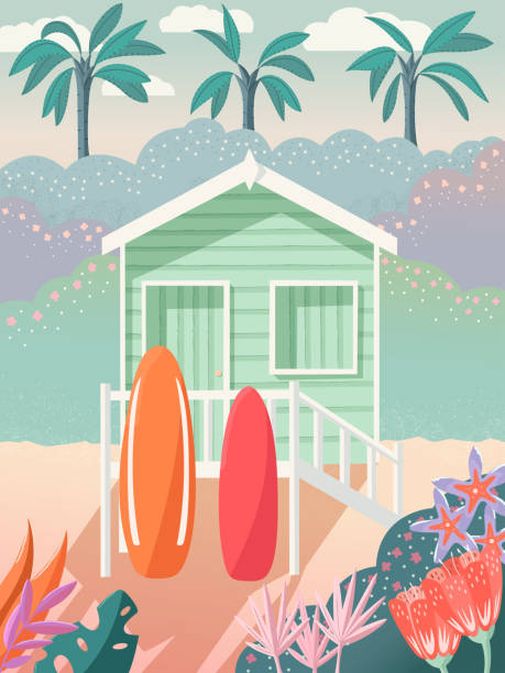 istock Bungalow on a beach with surfboards on the deck. Palm trees in the background and floral decoration. Summer house on the sand, exotic tropical scene. Colorful vector illustration. 1324192607