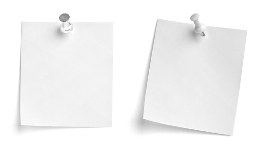 collection of  various note paper with a push pin on white background