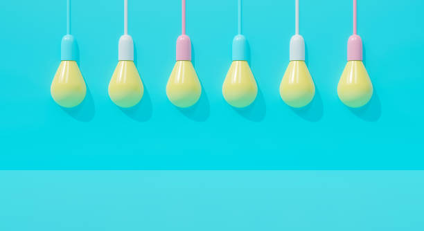 istock Cute 3D rendering for display banner, presentation. Colorful idea light bulb lamp on pastel blue background abstract in studio room. Creative minimalism. thinking ideas success concept. 1324193438