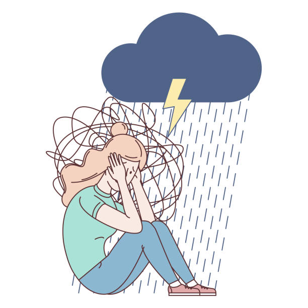 istock Woman with anxiety touch head surrounded by think. Mental disorder and chaos in consciousness. Frustrated girl with nervous problem feel anxiety and confusion of thoughts vector flat illustration. 1324194470