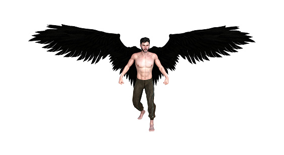 3d illustration of a man with black angelic wings wearing pants isolated on a white background.