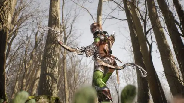 An elven girl archer and a formidable giant orc prepare for battle. Fantasy medieval concept. View of a fighting warrior girl and an orc in a green forest.