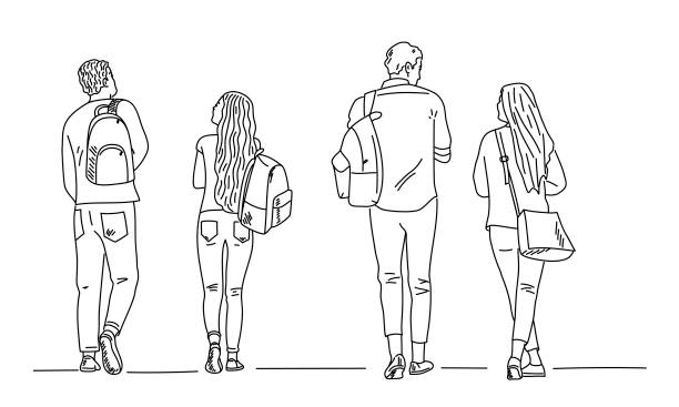 生徒の友人は通りを歩きます。 - four people illustrations点のイラスト素材／クリップアート素材／マンガ素材／アイコン素材