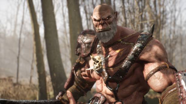 istock A formidable orc warrior trains before battle and demonstrates combat skills. Fantasy medieval concept. 3D Rendering. 1324198840