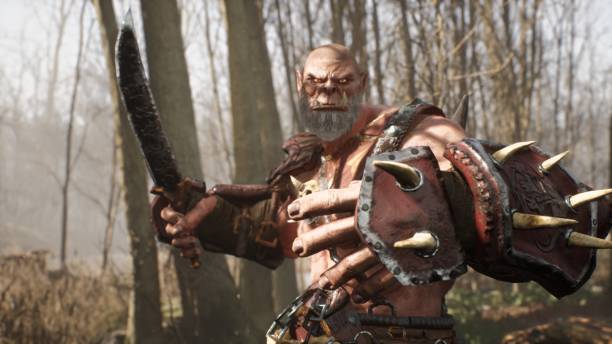 istock A formidable orc warrior trains before battle and demonstrates combat skills. Fantasy medieval concept. 3D Rendering. 1324198842