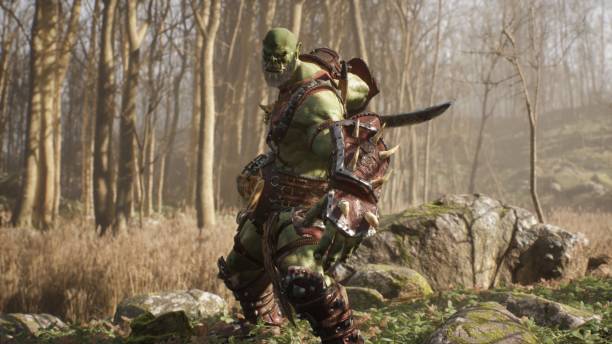 istock A formidable orc warrior trains before battle and demonstrates combat skills. Fantasy medieval concept. 3D Rendering. 1324198851
