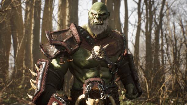 istock A formidable orc warrior trains before battle and demonstrates combat skills. Fantasy medieval concept. 3D Rendering. 1324198875