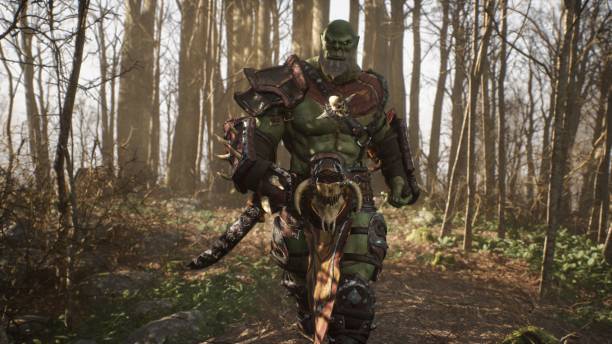 istock A formidable orc warrior trains before battle and demonstrates combat skills. Fantasy medieval concept. 3D Rendering. 1324198916