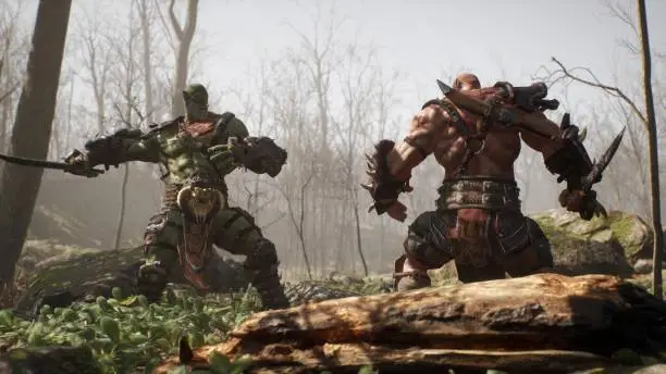 Two formidable orc warriors fight in a battle in a fairy-tale summer forest. Fantasy medieval concept. View of the fighting warriors of the orcs in the green forest.