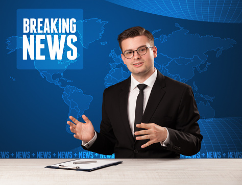 Television presenter in front telling breaking news with blue modern background concept