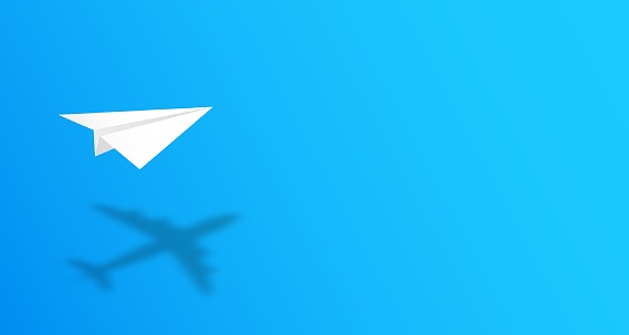 White paper plane casting shadow of airplane on blue background. Concept for travel, business idea, leadership, success, teamwork, creative idea, vision, ambition, motivation. Template for your design. Vector illustration with copy space