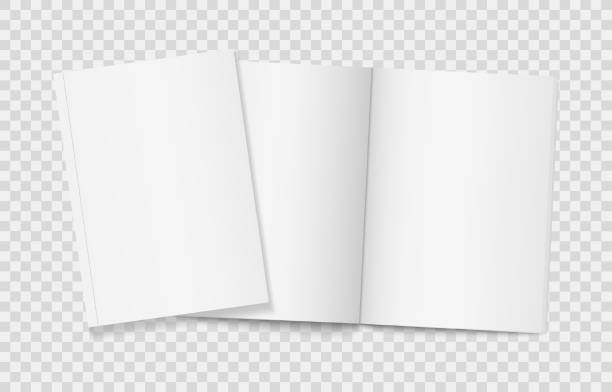 ilustrações de stock, clip art, desenhos animados e ícones de two realistic blank books on transparent background. open and closed vertical brochure page - book open vector page