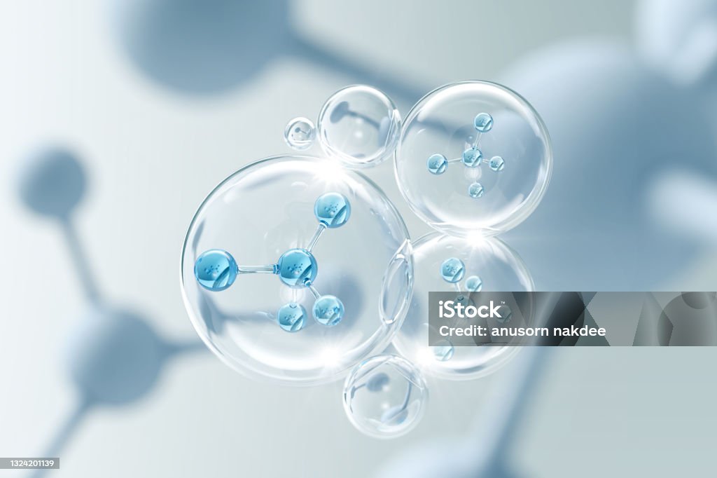 Molecule inside Liquid Bubble Molecule inside Liquid Bubble, 3d illustration. Laboratory Stock Photo