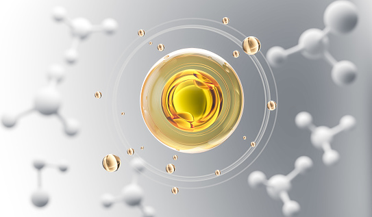 Cosmetic Essence oil Liquid drop with molecule on a white background, 3d rendering.