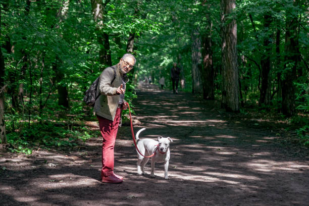 istock Elderly Jewish Man In Park Woods Walking White Pitbull 1324202191