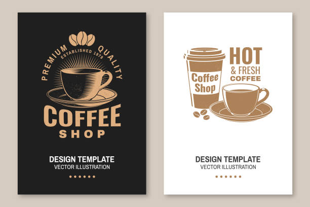 Coffe shop emblem, badge template. Vector. Flyer, brochure, banner, poster with coffee cup silhouette. Template for menu for restaurant, cafe, bar, packaging Coffe shop emblem, badge template. Vector illustration. Flyer, brochure, banner, poster with coffee cup silhouette. Template for menu for restaurant, cafe, bar, packaging barista stock illustrations